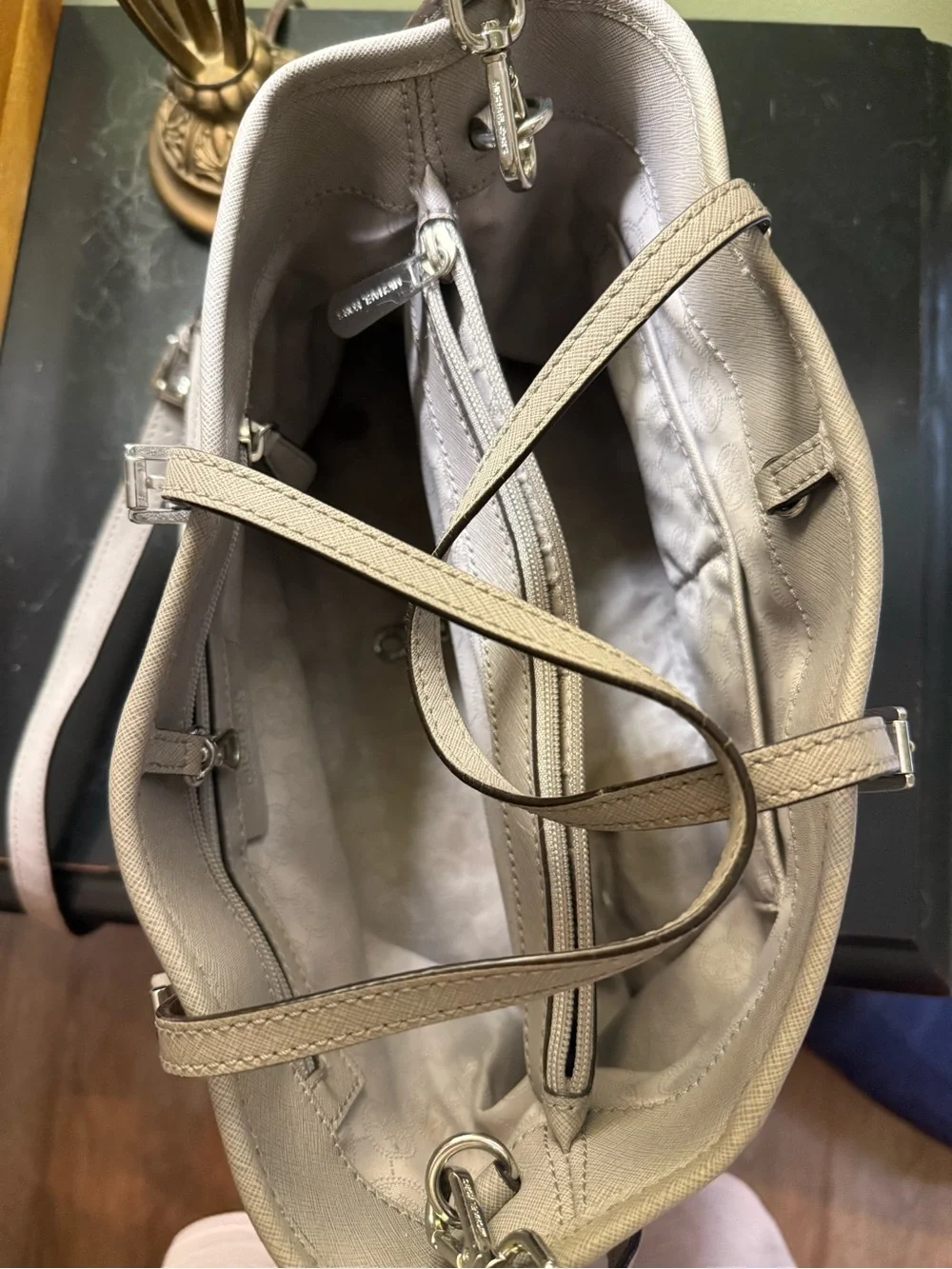 Michael Kors Light Taupe Saffiano Shoulder Tote with MK Charm